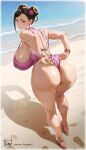  1girl absurdres adjusting_clothes adjusting_swimsuit alternate_breast_size_(larger) alternate_color anklet ass backless_swimsuit beach bead_bracelet beads belly_chain black_hair blush bracelet breasts brown_eyes brown_hair chun-li closed_mouth clothes_pull commentary_request double_bun earrings flower from_behind full_body glint hair_bun hair_flower hair_ornament highres huge_breasts jewelry kneepits leaning_forward lips looking_at_viewer looking_back nail_polish ocean official_alternate_costume one-piece_swimsuit one-piece_swimsuit_pull outdoors pink_flower pink_lips pink_nails pink_one-piece_swimsuit sand sandals signature smile solo standing street_fighter street_fighter_6 swimsuit thigh_strap thighs toenail_polish toenails tomo_eokaiteru waves wet 