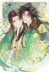  2boys :d absurdres adam's_apple al_(ahr) arm_around_waist black_hair black_hanfu border branch cheek-to-cheek chinese_clothes closed_eyes commentary_request couple curtained_hair flower flower_request folded_fan folding_fan gem green_background green_eyes green_gem green_hanfu half_updo halftone hand_fan hand_on_another's_arm hand_on_another's_stomach hanfu heads_together highres holding holding_fan hug hug_from_behind light_particles long_sleeves looking_at_another luo_binghe male_focus multiple_boys open_mouth outside_border parted_bangs parted_lips red_trim renzha_fanpai_zijiu_xitong ribboned_xiao_guan shen_qingqiu smile upper_body white_border white_flower wide_sleeves wolf_cut yaoi zuiyin 