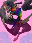  2021 abstract_background action_pose anthro big_tail biped breasts digital_media_(artwork) digital_painting_(artwork) dragon ear_piercing featureless_breasts female fur gauntlets_(weapon) hair hi_res hooves horn looking_away mighty-whydah multicolored_body mythological_creature mythological_scalie mythology nude painting_(artwork) piercing pose rainbow_body relleno_(uniporno) scalie solo tail 