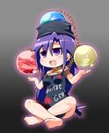  :d bare_shoulders barefoot breasts chain clothes_writing collar commentary cosplay earth_(ornament) feet goshiki_agiri gradient gradient_background half-closed_eyes hat hecatia_lapislazuli hecatia_lapislazuli_(cosplay) highres indian_style jinnouchi_akira jitome kill_me_baby long_hair moon_(ornament) open_eyes open_mouth polos_crown purple_eyes purple_hair shirt sitting skirt small_breasts smile solo t-shirt touhou translated very_long_hair 
