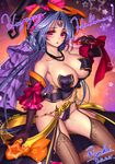  2015 artist_name black_gloves blue_hair bow breasts dated elbow_gloves facial_mark forehead_tattoo garters gloves halloween happy_halloween hat highres jewelry large_breasts looking_at_viewer necklace original pink_eyes ryuki@maguro-ex short_hair solo star thighhighs veins veiny_breasts witch_hat 