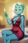 2025 4_fingers absurd_res alcohol alternate_costume anthro arm_support bare_shoulders bed bedding bent_arm bent_legs beverage big_eyes biped black_eyebrows black_markings blue_body blue_breasts blue_claws blue_ears blue_fur blurred_background breasts cartoon_network champagne champagne_glass claws cleavage clothed clothed_anthro clothed_female clothing collarbone container cup curved_eyebrows cyrano digital_drawing_(artwork) digital_media_(artwork) domestic_cat dress drinking_glass eyebrows eyelashes facial_markings felid feline felis female finger_claws fingers full_cleavage fur furniture glass glass_container glass_cup glistening glistening_container glistening_cup glistening_eyes glistening_glass head_markings hi_res holding_beverage holding_champagne_glass holding_container holding_cup holding_drinking_glass holding_glass holding_object humanoid_hands iris light_body light_fur looking_at_viewer mammal markings mature_anthro mature_female medium_breasts muzzle_(marking) nicole_watterson on_bed pink_nose pointy_ears portrait prick_ears pupils purple_eyes red_clothing red_dress sitting sitting_on_bed slit_pupils smile smiling_at_viewer solo the_amazing_world_of_gumball thick_eyelashes thick_thighs three-quarter_portrait three-quarter_view whisker_markings white_bedding white_markings white_sclera