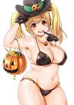  armpits bikini blonde_hair blush breasts candy cleavage covered_nipples finger_to_mouth food food_themed_hair_ornament ganari_ryuu gloves hair_ornament halloween hat headphones highres large_breasts lollipop looking_at_viewer navel nitroplus open_mouth orange_eyes plump pumpkin pumpkin_hair_ornament short_hair sketch smile solo super_pochaco sweets swimsuit twintails witch_hat 