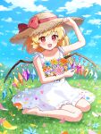  1girl alternate_costume alternate_headwear artist_name barefoot blonde_hair blue_flower blue_sky blush brown_hat cloud commentary crystal crystal_wings day dress falling_petals flandre_scarlet flower flower_request hat highres holding holding_flower long_hair looking_at_viewer multicolored_wings nene_man one_side_up open_mouth orange_flower outdoors petals pink_flower red_eyes sitting sky sleeveless sleeveless_dress smile straw_hat toes touhou twitter_username wariza white_dress wings 