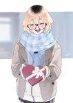  1girl black_skirt blonde_hair blue_scarf box brown_jacket closed_eyes commentary_request gift gift_box glasses haru_(rerrere) heart-shaped_box highres jacket multicolored_hair open_mouth original pleated_skirt rerrere roots_(hair) scarf short_hair signature skirt smile solo teeth upper_teeth_only 
