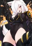  1girl absurdres animal_ear_fluff animal_ears black_gloves black_leotard black_thighhighs braid breasts cameltoe commentary cosplay discordia_(vtuber) fox_ears fox_girl fox_tail gloves gun hair_over_one_eye helldiver_(helldivers) helldiver_(helldivers)_(cosplay) helldivers_(series) helmet highres holding holding_gun holding_unworn_helmet holding_weapon indie_virtual_youtuber leotard long_hair open_mouth red_eyes rumi_(rumigawa31) smile solo tail teeth thighhighs unworn_headwear unworn_helmet upper_teeth_only virtual_youtuber weapon white_hair 