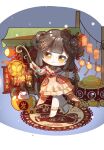  1girl ankle_socks back_bow bead_bracelet beads blunt_bangs border bow bracelet brown_hair chibi chinese_commentary chinese_hairpin chinese_new_year chinese_zodiac closed_mouth coin collar commentary_request dress eyelashes flower food_stand frilled_dress frilled_socks frilled_wrist_cuffs frills gold_coin hair_flower hair_ornament hair_rings happy highres holding holding_lantern holed_coin infinity_nikki jewelry lantern light_blush long_hair looking_at_viewer low_twintails medium_dress nikki_(series) orange_bow orange_dress orange_wrist_cuffs outdoors paper_lantern perfect_moment_(infinity_nikki) shenmiguaijiaotu sleeveless sleeveless_dress smile snowing socks solo standing tassel tassel_hair_ornament twintails variant_set very_long_hair white_border white_collar white_socks wrist_cuffs year_of_the_horse yellow_eyes yuanbao yunjian 