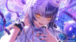  1girl :d absurdres aerial_fireworks balloon black_hair black_nails blunt_bangs bow bowtie collared_shirt commentary_request concert confetti copyright_notice fireworks grey_bow grey_bowtie grey_hair hair_ornament headset highres hololive hololive_dreams hololive_english long_hair looking_at_viewer multicolored_hair nail_polish night official_alternate_costume official_art open_mouth shiori_novella shirt short_sleeves smile solo split-color_hair star_(symbol) star_hair_ornament tilted_headwear upper_body virtual_youtuber white_shirt wrist_cuffs yellow_eyes 