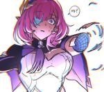  1girl amputee black_shrug blue_eyes breasts chromatic_aberration commentary_request corset elf elysia_(honkai_impact) elysia_(miss_pink_elf)_(honkai_impact) hair_ornament heavy_chromatic_aberration highres honkai_(series) honkai_impact_3rd korean_commentary large_breasts long_hair margherita1827 missing_eye parted_lips pink_hair pointy_ears scene_reference shrug_(clothing) simple_background solo speech_bubble white_background white_corset 