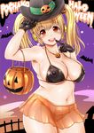  armpits bikini blonde_hair blush breasts candy cleavage covered_nipples finger_to_mouth food food_themed_hair_ornament ganari_ryuu gloves hair_ornament halloween hat headphones highres large_breasts lollipop looking_at_viewer navel nitroplus open_mouth orange_eyes plump pumpkin pumpkin_hair_ornament see-through short_hair sketch smile solo super_pochaco sweets swimsuit twintails witch_hat 