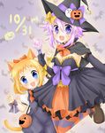  alternate_costume animal_ears bell blonde_hair blue_eyes cat_ears cat_tail food_themed_hair_ornament hair_ornament halloween hat hekikuu_(kanaderuyume) highres multiple_girls neptune_(choujigen_game_neptune) neptune_(series) pish pumpkin pumpkin_hair_ornament purple_eyes purple_hair tail witch_hat 