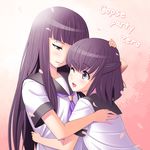  bangs bow corpse_party corpse_party_zero hair_bow hair_ribbon hand_on_another's_head hasegawa_kaori hasegawa_shiho_(corpse_party) highres hime_cut hug long_hair looking_at_another multiple_girls nave petals purple_eyes purple_hair ribbon school_uniform serafuku siblings sisters smile 
