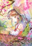  1girl ascot bird book bow branch brown_eyes brown_hair cherry_blossoms commentary_request curtains detached_sleeves flower frilled_bow frilled_shirt_collar frills green_bird hair_bow hakurei_reimu highres holding holding_book long_hair long_sleeves medinki pink_flower red_bow red_shirt ribbon-trimmed_sleeves ribbon_trim shirt sleeveless sleeveless_shirt solo table touhou traditional_media window yellow_ascot 