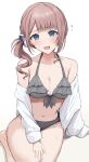  1girl arm_support asymmetrical_sidelocks bikini blue_eyes blunt_bangs blush breasts brown_hair cleavage collarbone commentary corrupted_twitter_file dot_nose eighth_note flying_sweatdrops front-tie_bikini_top front-tie_top grey_bikini hair_ornament hair_scrunchie halterneck hand_on_lap highres jacket kunizaki long_hair long_sleeves looking_at_viewer mochizuki_honami musical_note musical_note_print navel off_shoulder open_clothes open_jacket open_mouth project_sekai raised_inner_eyebrows ruffle_bikini scrunchie side_ponytail sidelocks simple_background sitting solo stomach sweat swimsuit wariza white_background white_jacket 
