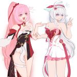 2girls bare_shoulders beret black_dress breasts commentary cosplay costume_switch diamond-shaped_pupils diamond_(shape) dress elf elysia_(hi_love_elf)_(honkai_impact) elysia_(honkai_impact) elysia_(honkai_impact)_(cosplay) english_commentary hat high_ponytail highres honkai_(series) honkai_impact_3rd kiana_kaslana kiana_kaslana_(ba-dum!_fiery_wishing_star) kiana_kaslana_(cosplay) large_breasts long_hair multiple_girls nanakoio pink_hair pointy_ears ponytail purple_eyes red_dress simple_background smile symbol-shaped_pupils thigh_strap thighs two-tone_dress v very_long_hair white_dress white_hair 