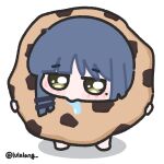 1girl blue_hair bocchi_the_rock! chibi chibi_only cookie eating food food_costume full_body green_eyes hair_ornament hairclip highres jitome lulalang mole mole_under_eye oversized_food oversized_object parallel_hairclips saliva short_hair simple_background solo standing twitter_username white_background yamada_ryo 