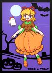  absurdres bat blonde_hair blue_eyes bow dress flower hair_bow hair_ribbon halloween halloween_costume highres medicine_melancholy nadecolla open_mouth ribbon short_hair skirt skirt_hold smile solo su-san touhou trick_or_treat wings 