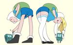  1girl adventure_time animal_hood backpack bag bear_hood bent_over blonde_hair bmo bunny_hood dual_persona finn_the_human fionna_the_human_girl fist_bump from_behind hood mary_janes pink_background shoes shorts simple_background skirt smile solid_oval_eyes thighhighs yutaka7 