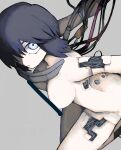  aquarium_l0ver black_hair blue_eyes breasts completely_nude convenient_censoring cyborg ghost_in_the_shell grey_background highres humanoid_robot kusanagi_motoko medium_breasts nude one_eye_covered partially_shaded_face robot robot_girl sideboob subdermal_port wire 