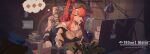  1girl absurdres alcohol annoyed bare_shoulders book braid commentary_request computer glasses highres hipper_not_believe incredibly_absurdres lamp laptop maria_(senrai_maidens) original red_hair vodka war_thunder 