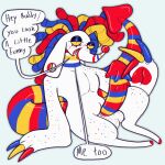 absurd_res anthro balls big_balls big_penis black_eyelids blue_eyelashes blue_stripes canid canine claws clown clown_nose demon dialogue digital_media_(artwork) ear_piercing english_text erection eyelashes freckled_arms freckled_balls freckled_legs freckles gauged_ear genitals hair half-closed_eyes handwritten_text hi_res hooves huge_balls huge_penis hybrid lips long_tail looking_at_viewer male mammal markings monster_penis multicolored_hair narrowed_eyes nude open_mouth penis piercing plentyofsoup pupils red_hooves red_lips red_pupils red_stripes sharp_teeth sitting smile solo spade_tail speckled_body speech_bubble spiked_penis spikes spikes_(anatomy) striped_genitalia striped_markings striped_neck striped_penis striped_tail stripes tail tail_markings teeth text werm_(plentyofsoup) white_arms white_balls white_body white_legs yellow_sclera yellow_stripes