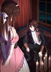  1girl arms_behind_back blush brown_hair candle curtains dress exit_tunes formal gloves highres kneeling long_hair night phantania purple_eyes seitou_no_marche short_hair suit tiara vocaloid 