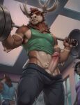 2026 5_fingers anthro antlers arm_tuft balls biff_the_moose bottomwear bottomwear_down brown_body brown_fur brown_hair clothed clothing crotch_tuft deer elbow_tuft erection exercise fingers frown frowning_at_viewer fur genitals glans green_eyes group hair horn humanoid_genitalia humanoid_penis inside low-angle_view male mammal moose multicolored_body multicolored_fur muscular muscular_male navel new_world_deer partially_clothed penis public public_nudity seanwaald shirt shorts shorts_down solo_focus tank_top topwear trio tuft two_tone_body two_tone_fur v-cut weightlifting weights workout