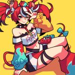  1girl animal_ear_fluff animal_ears animal_on_head aqua_bow bare_shoulders black_choker black_hair bow choker closed_mouth commentary crop_top dice_hair_ornament english_commentary hair_ornament hair_ribbon hakos_baelz hakos_baelz_(1st_costume) highres hololive hololive_english key long_hair long_sleeves midriff mouse_(animal) mouse_ears mouse_girl mouse_tail mr._squeaks_(hakos_baelz) multicolored_hair navel on_head red_hair ribbon shadow simple_background sitting smile spiked_choker spikes tail tail_bow tail_ornament timtam virtual_youtuber w white_hair white_ribbon yellow_background 