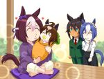  4girls ^_^ aged_down ahoge animal_ears arm_at_side arm_up baby barefoot belt between_breasts black_hair black_pants blue_eyes blush blush_stickers bow breasts brown_hair cesario_(umamusume) chibi chibi_inset closed_eyes closed_mouth collared_shirt commentary_request couple crossed_bangs dark-skinned_female dark_skin day ear_bow epiphaneia_(umamusume) facing_another family flying_sweatdrops green_pants grey_hair hairband hand_on_another's_shoulder hand_on_own_chin hand_up happy heart heart_ear_ornament horse_ears horse_girl horse_tail instant_loss jacket jitome long_sleeves looking_at_another multiple_girls necktie nervous outdoors pacifier pant_suit pants puckered_lips raised_inner_eyebrows red_necktie shirt shirt_tucked_in sitting smile special_week_(umamusume) standing suit symboli_kris_s_(umamusume) tail toes two_side_up umajiri_gyuunyuu umamusume umamusume_horse_relations v-shaped_eyebrows white_shirt wing_collar yuri 
