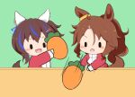  2girls :3 :d animal_ears blue_streaks blush brown_hair carrot chibi chibi_only commentary_request daitaku_helios_(umamusume) ear_covers fang food gomashio_(goma_feet) hair_between_eyes hair_ornament hairclip holding holding_food horse_ears horse_girl horse_tail jacket long_hair long_sleeves mejiro_palmer_(umamusume) motion_lines multicolored_hair multiple_girls open_mouth red_jacket short_hair simple_background smile streaked_hair tail throwing tracen_training_uniform track_jacket umamusume upper_body v-shaped_eyebrows white_streaks |_| 