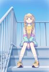  1girl absurdres black_ribbon blonde_hair blue_sky blush braid commentary_request day fang fujita_kotone gakuen_idolmaster hair_ribbon highres idolmaster jacket long_hair long_sleeves looking_at_viewer multicolored_jacket obashiso open_clothes open_jacket open_mouth outdoors ribbon shirt shoes sitting sitting_on_stairs sky sneakers socks solo stairs twin_braids v_arms white_socks yellow_eyes yellow_shirt yellow_shoes 