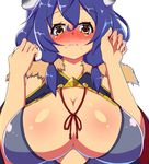  blue_hair blush breasts brown_eyes cleavage food food_on_face frown houjou_ujimasa_(sengoku_bushouki_muramasa) large_breasts long_hair looking_at_viewer onigiri rice rice_on_face sengoku_bushouki_muramasa shiny shiny_skin simple_background solo white_background yamaneko_ken 