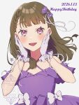  1girl :d absurdres bare_shoulders bow braid brown_hair center-flap_bangs commentary_request criss-cross_halter dated dress frilled_gloves frills gloves hair_bow hair_ribbon halterneck hands_on_own_cheeks hands_on_own_face happy_birthday highres kachimachi_kosuzu kyaku_tasu link!_like!_love_live! long_hair looking_at_viewer love_live! off-shoulder_dress off_shoulder open_mouth pink_eyes purple_bow purple_dress ribbon side_braids smile solo upper_body virtual_youtuber white_gloves white_ribbon 