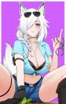  1girl absurdres animal_ear_fluff animal_ears banknote belt black_belt black_gloves blue_shorts braid breasts cleavage collarbone commentary_request cuffs discordia_(vtuber) eyelashes eyewear_on_head fox_ears fox_girl fox_tail gloves hair_over_one_eye handcuffs highres indie_virtual_youtuber large_breasts mole mole_on_breast money navel purple_background red_eyes rumi_(rumigawa31) second-party_source shorts solo sunglasses tail thigh_strap white_hair 