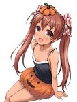  :d bare_arms black_shirt bow brown_eyes brown_hair collarbone dark_skin don_(29219) fang flat_chest hair_ribbon kantai_collection libeccio_(kantai_collection) looking_at_viewer open_mouth pumpkin_hat pumpkin_skirt ribbon shirt sitting sleeveless sleeveless_shirt smile solo twintails 