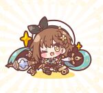  1girl ;d atelier_(series) atelier_ryza atelier_ryza_1 bare_shoulders beret black_gloves blush_stickers boots braid breasts brown_boots brown_eyes brown_hair chibi cleavage commentary_request fang gloves grey_thighhighs hat highres key large_breasts looking_at_viewer mitarashi_neko one_eye_closed red_shorts reisalin_stout shirt short_shorts shorts single_thighhigh sleeveless sleeveless_shirt smile solo sparkle sunburst sunburst_background thighhighs thighhighs_under_boots white_hat white_shirt 