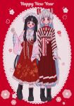  2girls alternate_costume animal_print bamboo_print black_boots black_hair blue_hair blush boots bow bowtie brown_hakama brown_kimono colored_inner_hair commentary_request frilled_hairband frilled_hakama frilled_sleeves frills fujiwara_no_mokou grey_hair hair_bow hairband hakama hakama_skirt happy_new_year highres holding_hands houraisan_kaguya japanese_clothes kimono lace-up_boots long_hair long_sleeves multicolored_hair multiple_girls new_year open_mouth pink_hairband pink_kimono print_hakama print_kimono rabbit_print red_bow red_bowtie red_eyes red_hakama skirt smile tamiko_(tamik0224) touhou very_long_hair white_bow white_bowtie wide_sleeves 