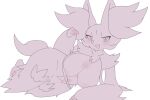 anthro big_breasts blush body_blush breast_blush breast_curtains breasts delphox female female_anthro fluffy fluffy_tail fur generation_6_pokemon inner_ear_fluff looking_at_viewer lying monochrome nintendo on_side open_mouth pokemon pokemon_(species) pseudo_clothing simple_background snout solo tail thick_thighs tuft white_background yakiniku628