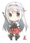  armor armored_boots blush boots bow_(weapon) chibi end_tieno hairband japanese_clothes kantai_collection long_hair looking_at_viewer lowres miko muneate shoukaku_(kantai_collection) silver_hair simple_background smile solo thigh_boots thighhighs weapon white_background 