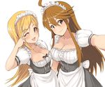  alternate_costume bad_id bad_pixiv_id blonde_hair blush breasts brown_hair cleavage enmaided fujimoto_rina idolmaster idolmaster_cinderella_girls idolmaster_million_live! long_hair looking_at_viewer maid medium_breasts multiple_girls one_eye_closed smile tokoro_megumi upanishi v_over_eye 