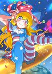  absurdres american_flag_dress american_flag_legwear blush clownpiece commentary confetti ears hand_up hat highres jester_cap long_hair looking_at_viewer moon pantyhose purple_eyes riding short_sleeves smile solo space star torch touhou v zk_(zk_gundan) 
