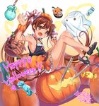  :d armpits artist_name bare_legs bare_shoulders basket breasts brown_eyes brown_hair candy dark_skin food ghost glowing gradient gradient_background hair_ribbon halloween halloween_costume happy_halloween heart jack-o'-lantern kantai_collection libeccio_(kantai_collection) long_hair looking_at_viewer mary_janes no_socks open_mouth orange_skirt pumpkin_hat pumpkin_skirt ribbon shibi shoes sideboob signature sitting skirt small_breasts smile solo sweets twintails wrist_cuffs yellow_background 
