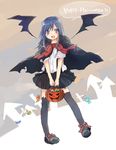  arm_warmers asashio_(kantai_collection) bat_wings black_hair black_legwear blue_eyes candy cape food halloween jack-o'-lantern kantai_collection kayuma long_hair open_mouth pleated_skirt school_uniform shirt skirt smile solo suspenders thighhighs vampire_costume wings 