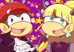  1boy 1girl blonde_hair costume diddy_kong dixie_kong donkey_kong_(series) duo fangs female hair halloween happy hat holidays horn horns jewelry long_hair male mammal monkey nintendo primate suit unknown_artist video_games wings 