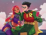  1boy 1girl black_hair black_mask cape cloud colored_skin crescent_moon crop_top dc_comics domino_mask eye_mask food gloves green_eyes green_gloves green_pants green_shirt holding holding_food holding_popsicle long_hair looking_at_another mask moon orange_skin pants popsicle purple_shirt purple_skirt purple_thighhighs red_hair red_vest robin_(dc) shirt short_hair short_sleeves signature sitting skirt sleeveless sleeveless_shirt starfire teen_titans thighhighs vero vest yellow_cape 