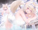 accessory animal_humanoid bent_over big_breasts blonde_hair blue_eyes blue_headband blue_highlights blue_inner_ear blue_nails blush breasts canid canid_humanoid canine canine_humanoid choker colored_nails duo female fuwawa_abyssgard hair headband highlights_(coloring) hololive hololive_en hot_spring humanoid inner_ear_fluff jewelry keiillustrator long_hair looking_at_viewer mammal mammal_humanoid mococo_abyssgard mostly_nude nails necklace pink_eyes pink_headband pink_highlights pink_inner_ear pink_nails short_hair sibling_(lore) sister_(lore) sisters_(lore) snow steam tail thick_thighs towel tuft vtuber water white_inner_ear_fluff yellow_tail