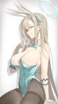  1girl absurdres animal_ears aqua_bow aqua_bowtie aqua_eyes aqua_halo aqua_leotard asuna_(blue_archive) asuna_(bunny)_(blue_archive) blonde_hair blue_archive bow bowtie breasts commentary cowboy_shot detached_collar fake_animal_ears finger_to_mouth from_side gloves grin hair_over_one_eye halo highleg highleg_leotard highres ilduck large_breasts leotard long_hair looking_at_viewer looking_to_the_side mole mole_on_breast official_alternate_costume one_eye_closed pantyhose playboy_bunny rabbit_ears sideways_glance sitting smile strapless strapless_leotard thighband_pantyhose traditional_bowtie very_long_hair white_gloves 