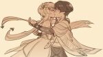  1boy 1girl animal_print armor bird_print blunt_ends blush bridal_gauntlets cape closed_eyes closed_mouth couple dress facing_another feathers flower furisode genshin_impact hair_flower hair_ornament hetero highres japanese_armor japanese_clothes kimono kiss kote lumine_(genshin_impact) middle_ring open_hands pom_pom_(clothes) scaramouche_(genshin_impact) scarf sepia sha_(leshaeye) short_hair short_hair_with_long_locks short_sleeves shorts side_cape sidelocks smile surprise_kiss surprised wanderer_(genshin_impact) wide-eyed 