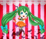  :d absurdres bat bat_wings blue_eyes blush green_hair hair_ribbon halloween halloween_costume hatsune_miku highres looking_at_viewer open_mouth pinkisch ribbon smile solo striped striped_background thighhighs wings zettai_ryouiki 