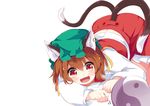  animal_ears blush brown_hair cat_ears cat_tail chen fangs hat image_sample japa jewelry kneeling long_sleeves looking_down mob_cap multiple_tails open_mouth orb red_eyes shirt simple_background single_earring skirt skirt_set smile solo tail touhou twitter_sample vest white_background yin_yang 